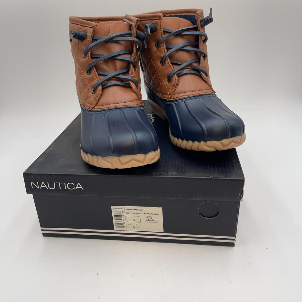 Nautica Boots Womens Brown Navy Duck Ankle Cold Weather Water Resistant New Sz 6